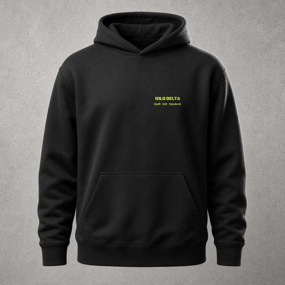 KILO DELTA · Get-Out Heavy Hoodie · Operational: Words of Wisdom version, product visualisation