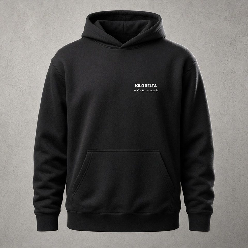 KILO DELTA · Get-Out Heavy Hoodie · Tactical: Words of Wisdom version, product visualisation
